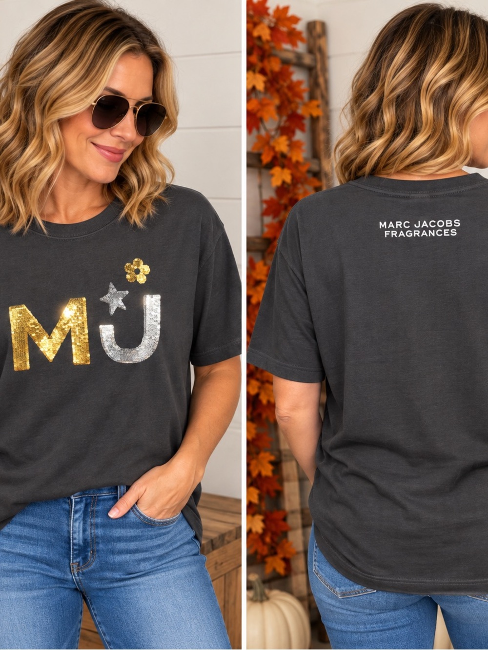 Marc Jacobs Charcoal Short Sleeve Tee with Gold & Silver Sequin MJ Logo
